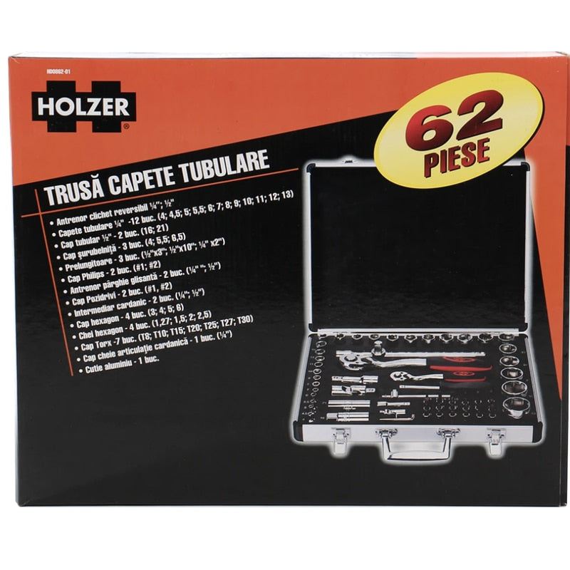 Trusa capete tubulare Holzer, 1/2 - 1/4 inch, 62 piese, include antrenor cu clichet reversibil, capete tubulare, capuri de surubelnita, prelungitoare, antrenor, intermediar cardanic