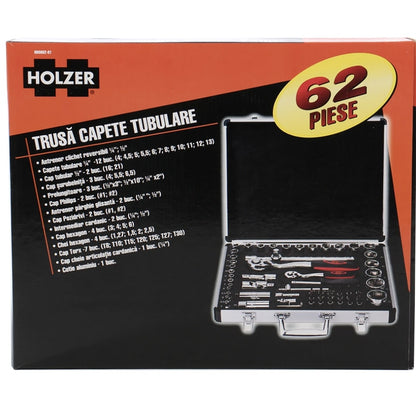 Trusa capete tubulare Holzer, 1/2 - 1/4 inch, 62 piese, include antrenor cu clichet reversibil, capete tubulare, capuri de surubelnita, prelungitoare, antrenor, intermediar cardanic