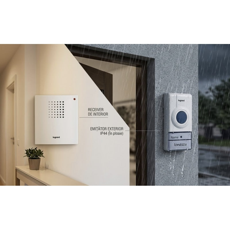 Sonerie fara fir Legrand, 32 melodii, 50 m, 80 dB, IP44, alb, LED, volum reglabil, montaj perete, Baterii sonerie 2 x AA 1.5 V (neincluse), Baterii buton 1 x CR2032 (inclusa)