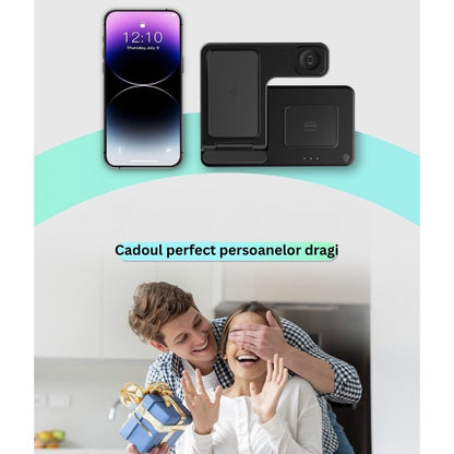 Statie de incarcare wireless 3-in-1, telefon, casti, smart watch, ceas inteligent, Fast Charge 15W, usor de transportat, alba, brand NETERRA, protectie supraincalzire si supratensiune