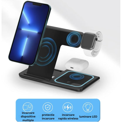 Statie de incarcare wireless 3-in-1, telefon, casti, smart watch, ceas inteligent, Fast Charge 15W, usor de transportat, alba, brand NETERRA, protectie supraincalzire si supratensiune