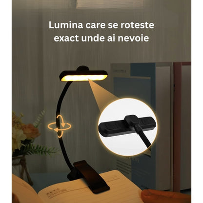 Lampa de Carte, Clips pentru Fixare, Brat flexibil 360 grade, Lumina 24 LED uri, acumulator 1000 mAh, Negru, copii, adulti, lumina focusata citit, nu deranjeaza, 24-80 ore functionare, brand NETERRA
