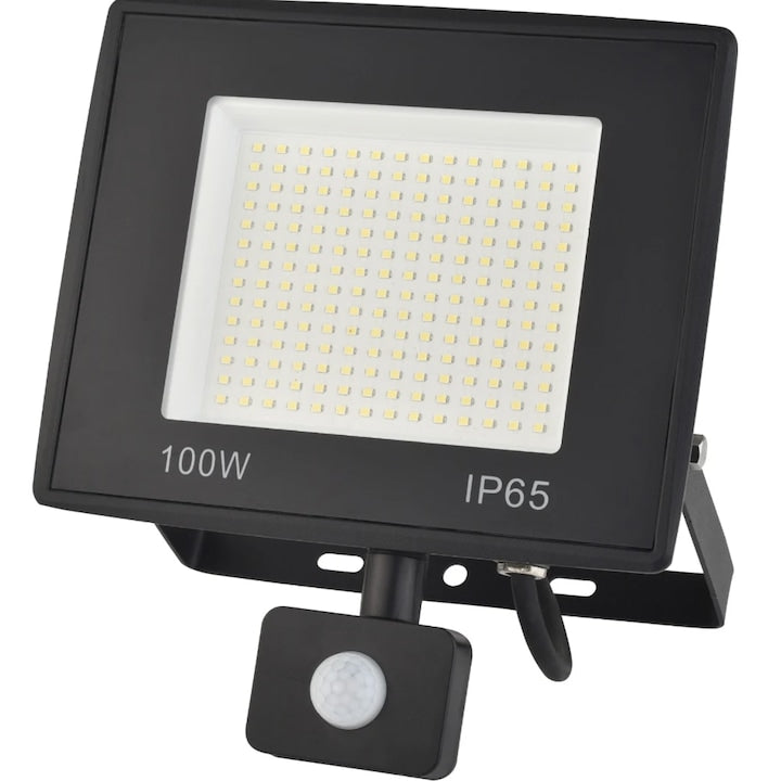 Proiector LED cu senzor de miscare Hoff, 100 W, 11000 lm, lumina rece, IP65, 6500K, 220V, 20.000 ore autonomie