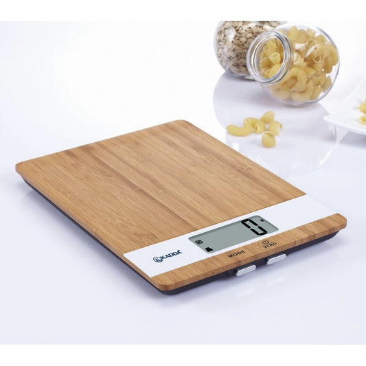 Cantar de bucatarie Kadda, capacitate 5 kg, digital, ecran LCD, baterii 2 x AAA, suprafata lemn bambus, semnalizare supraincarcare, maro, 427 g, capacitate 5 kg, eroare de 1 g