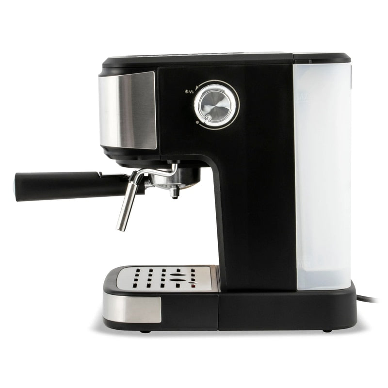 Espressor cafea Zass, cafea macinata, 20 bar, 850 W, capacitate 1.5 litri, panou de control cu 4 butoane iluminate, buton rotativ pentru controlul gradului de spumare, argintiu + negru, 76 dB