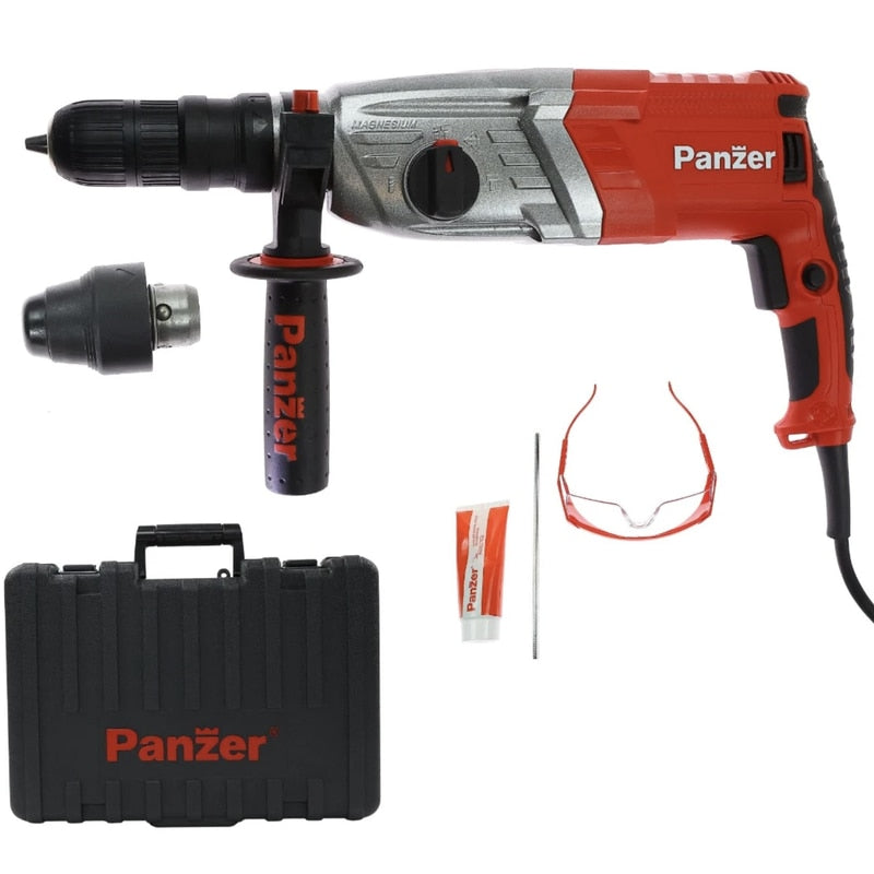 Ciocan rotopercutor Panzer, 1100 W, cu cablu, 1300 rpm, SDS-plus, cu valiza, mandrina rapida si ochelari de protectie, 3, 4 J, numar percutii 4900 bpm, functie daltuire, gaurire cu / fara percutie