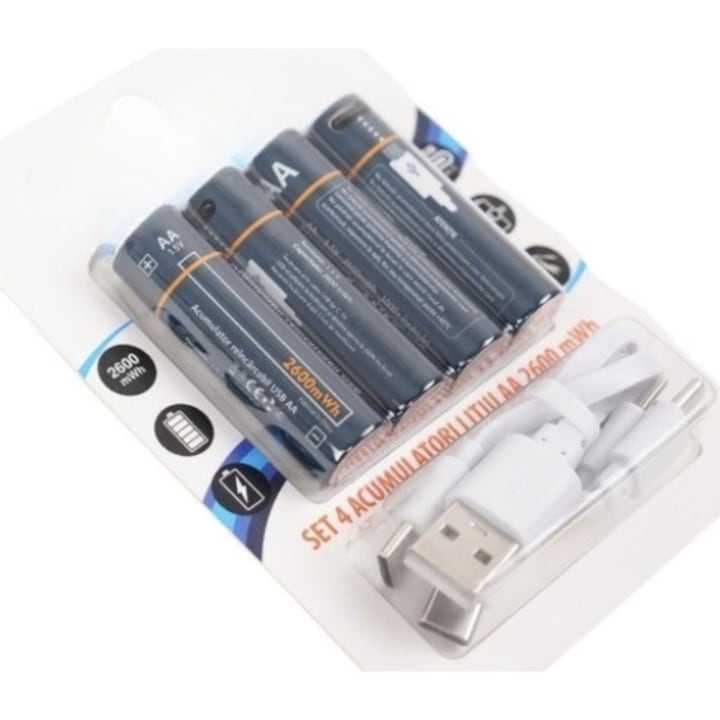Acumulator AA, 1733 mAh, Li-ion, cablu USB-C inclus, 4 bucati, curent iesire 90mAh, 1.5 V, R6, randament 95%, Temperatura de functionare: 0 ~ +40 °C, albastru