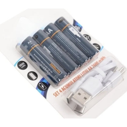 Acumulator AA, 1733 mAh, Li-ion, cablu USB-C inclus, 4 bucati, curent iesire 90mAh, 1.5 V, R6, randament 95%, Temperatura de functionare: 0 ~ +40 °C, albastru