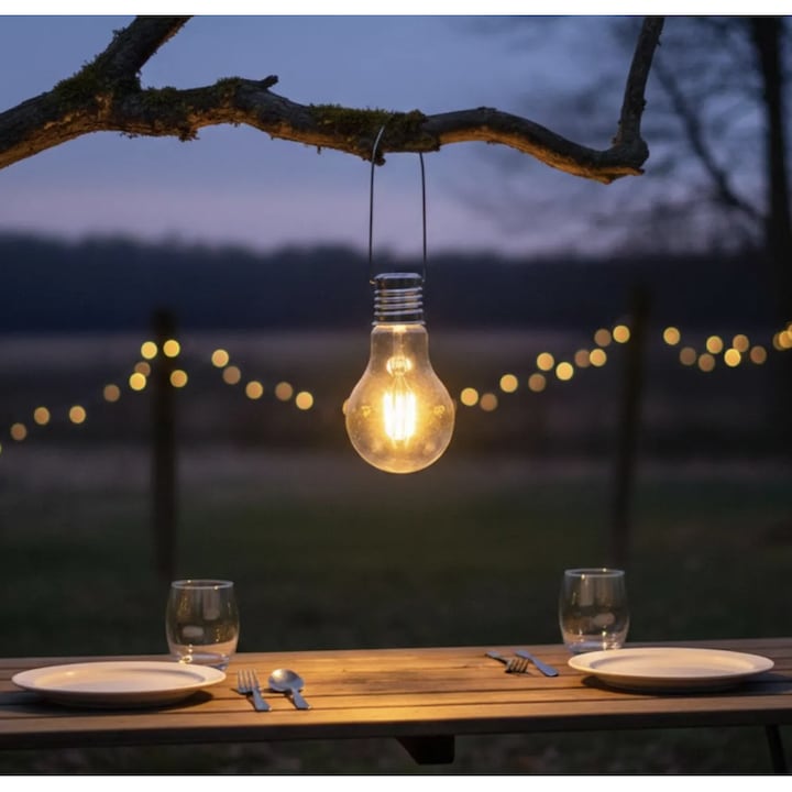 Lampa solara Hoff, cu bec LED, plastic si sticla, inaltime 25.5 cm, exterior, IP44, cu carlig, lumina ambientala