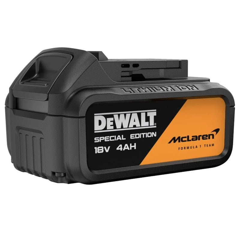 Set scule cu acumulator, DeWalt McLaren, masina de gaurit si insurubat cu percutie + masina de insurubat cu impact, include 2 acumulatori 18 V, 4 Ah, cu valiza, agatatoare curea, incarcator, suport