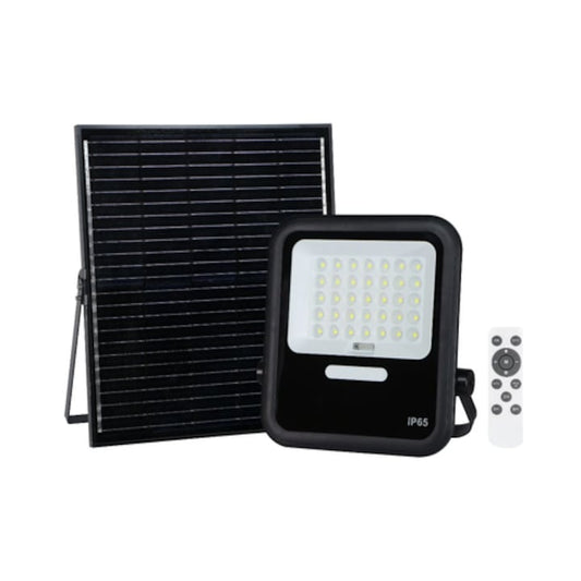 Proiector solar LED Hoff, 15 W, lumina rece, negru, cu telecomanda, IP65, exterior, 30.000 ore autonomie, 12 ore de functionare continua