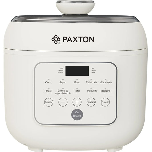 Multicooker, 5 litri, 10 programe presetate, gatit sub presiune, 3 tipuri de textura, functie de pastrare la cald, timer, 1000 W, Paxton, alb