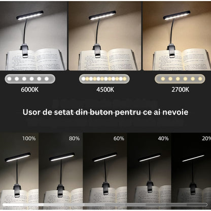 Lampa de Carte, Clips pentru Fixare, Brat flexibil 360 grade, Lumina 24 LED uri, acumulator 1000 mAh, Negru, copii, adulti, lumina focusata citit, nu deranjeaza, 24-80 ore functionare, brand NETERRA