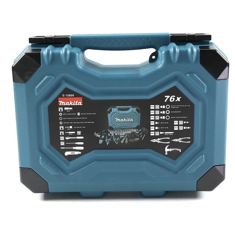Trusa scule de mana, Makita, 76 piese, material crom vanadiu, cleste combinat, cu varf ascutit, pentru dulgherie, cutter, maner de surubelnita, cheie tubulara, adaptor patrat, articulatie universala