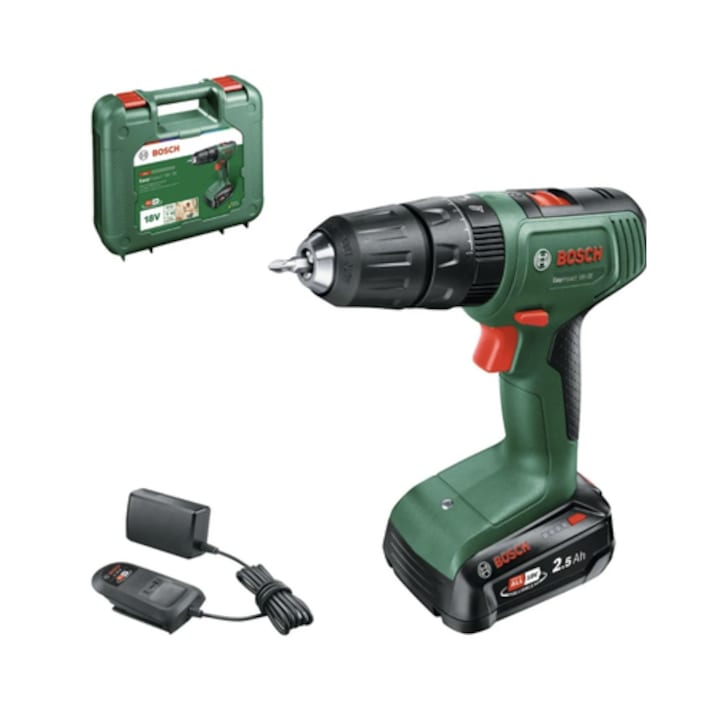 Masina de gaurit si insurubat, cu percutie, cu 1 acumulator, 18 V, 2.5 Ah, Bosch EasyImpact, 1630 rpm, mandrina rapida, cu valiza