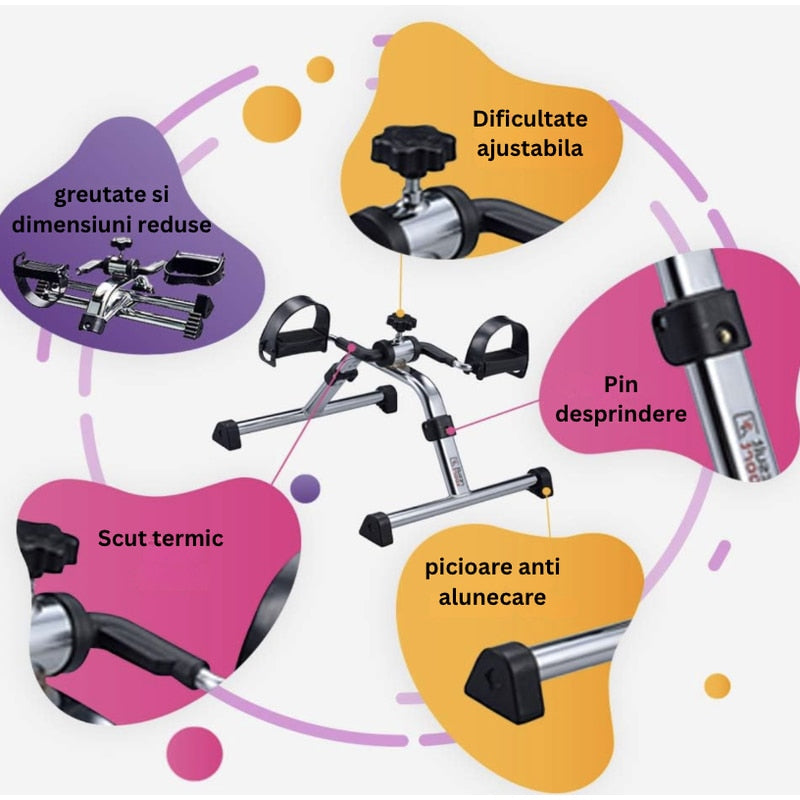 Mini bicicleta statica exercitii recuperare medicala, NETERRA, antrenament, pliabila, gri, exercitii picioare si brate, imbunatateste circulatia si mobilitatea, dimensiuni si dificultate ajustabila