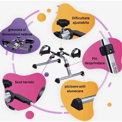 Mini bicicleta statica exercitii recuperare medicala, NETERRA, antrenament, pliabila, gri, exercitii picioare si brate, imbunatateste circulatia si mobilitatea, dimensiuni si dificultate ajustabila