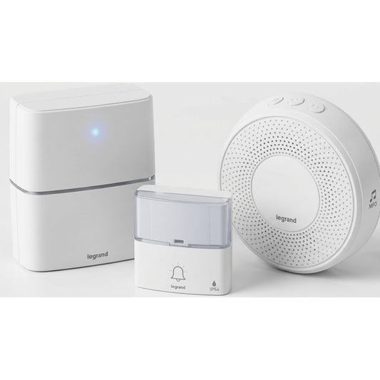 Sonerie fara fir dubla Legrand, LED, 30 melodii si MP3, raza actiune 200 m, sunet 80dB, protectie exterior IP54, alb, Baterii sonerie 3 x AA 1.5 V (neincluse), 230 V, Baterii buton 1 x CR2032 inclusa