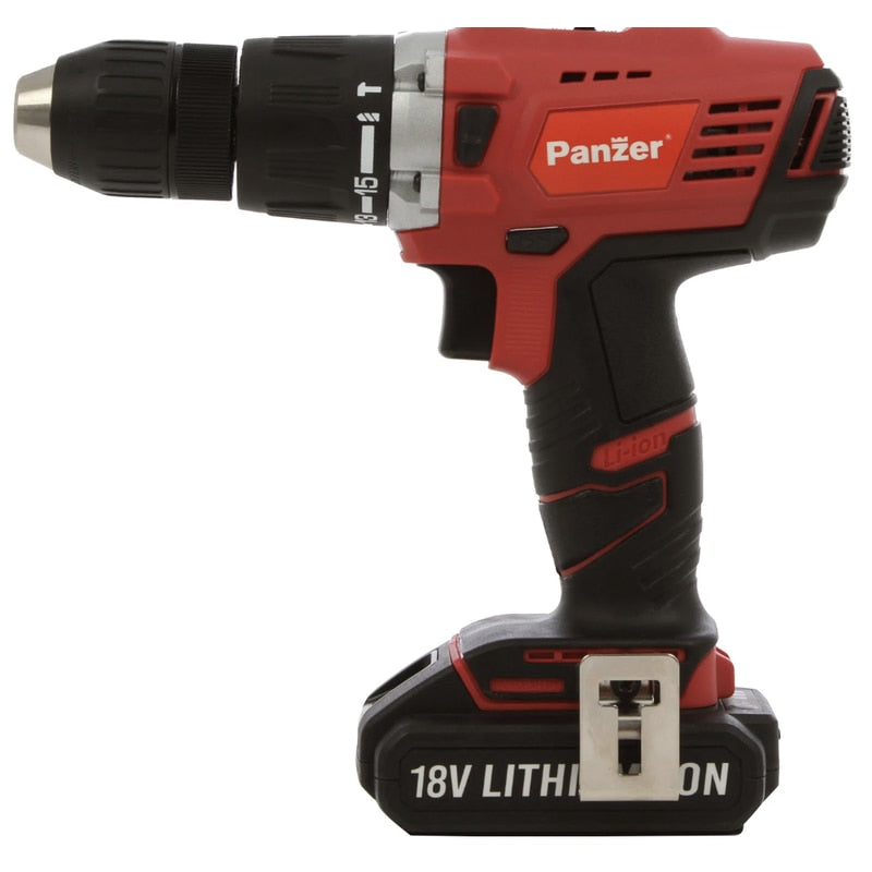 Masina de gaurit si insurubat, cu percutie, cu 1 acumulator, 18V, 1.5Ah, Panzer, 1500 rpm, mandrina rapida, cu valiza, mandarina 2-13mm, functionare stanga dreapta, incarcator rapid, 6 burghie, biti