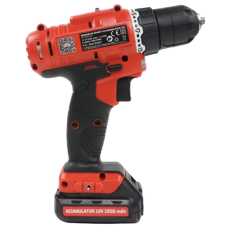 Masina de gaurit si insurubat, cu 1 acumulator inclus, 12 V, 1.5 Ah, Panzer, 1500 rpm, mandrina rapida, cu valiza, 2 trepte viteza