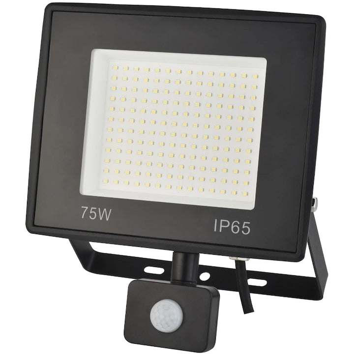 Proiector LED cu senzor de miscare Hoff, 75 W, 8250 lm, lumina rece, IP65, 6500K, 220V, 20.000 ore autonomie