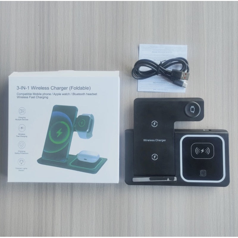 Statie de incarcare wireless 3-in-1, telefon, casti, smart watch, ceas inteligent, Fast Charge 15W, usor de transportat, neagra, brand NETERRA, protectie supraincalzire si supratensiune