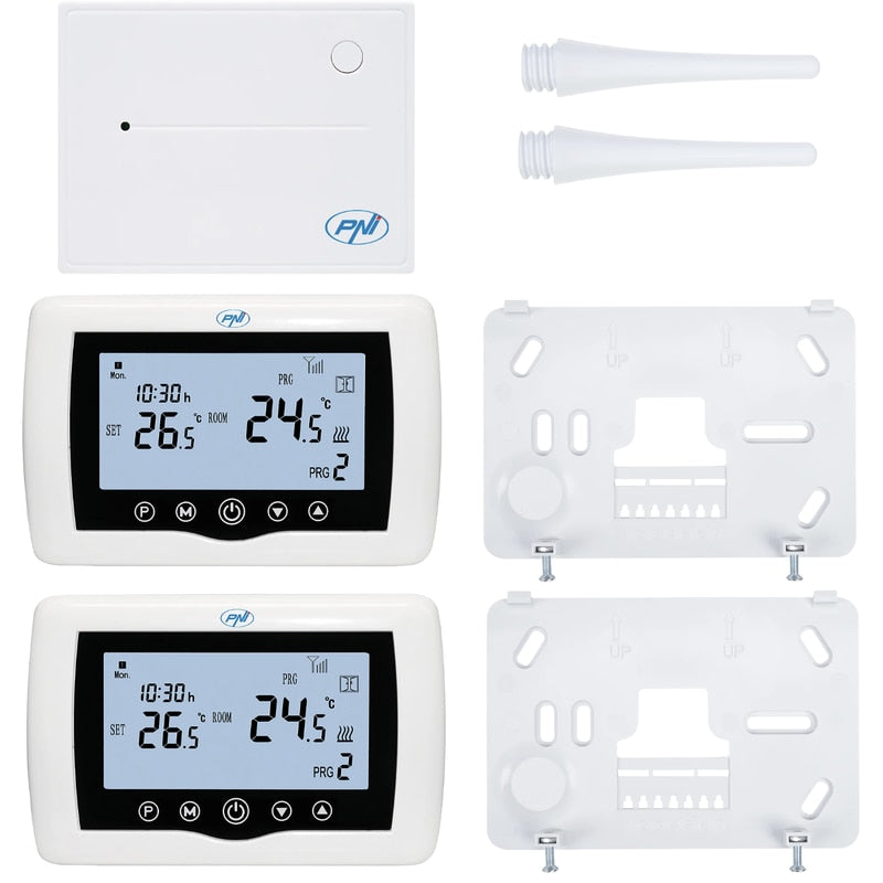 Termostat de ambient pentru centrala, wireless, PNI, inteligent, Wi-Fi, 100 m, programabil, afisaj digital, protectie inghet, IP30, alb, control 5 - 35 grade, acuratete 0.1 grade, 230V, 4 programe