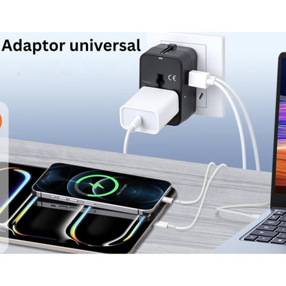 Incarcator de calatorie, universal, adaptor multifunctional cu 2 porturi, 1 priza, 1 USB, 1 USBC, international, SUA, UK, Europa, Australia, 150 tari, 100-250V, 2000W, negru