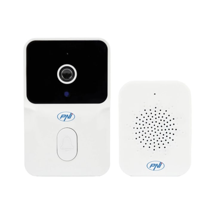 Sonerie video smart, inteligenta PNI, aplicatie telefon TUYA, viziune nocturna, sonerie de interior, usor de instalat, Wi-Fi, IP54, -26 grade pana la +80, exterior, alb