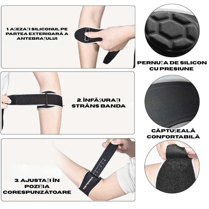 Suport tip Orteza pentru cot reglabila, accesoriu medical pentru ameliorarea durerilor cauzate de dureri la tenis, sala, efort fizic, marime universala, NETERRA, pentru epicondilita