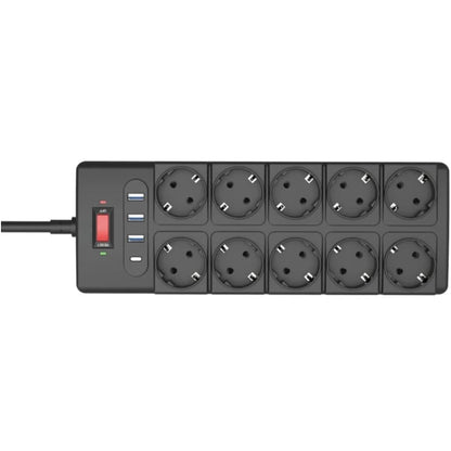 Prelungitor cu protectie, 10 prize schuko, 3 porturi USB, 1 USB-C, cablu 2 m, intrerupator, protectie copii, 3680W, negru