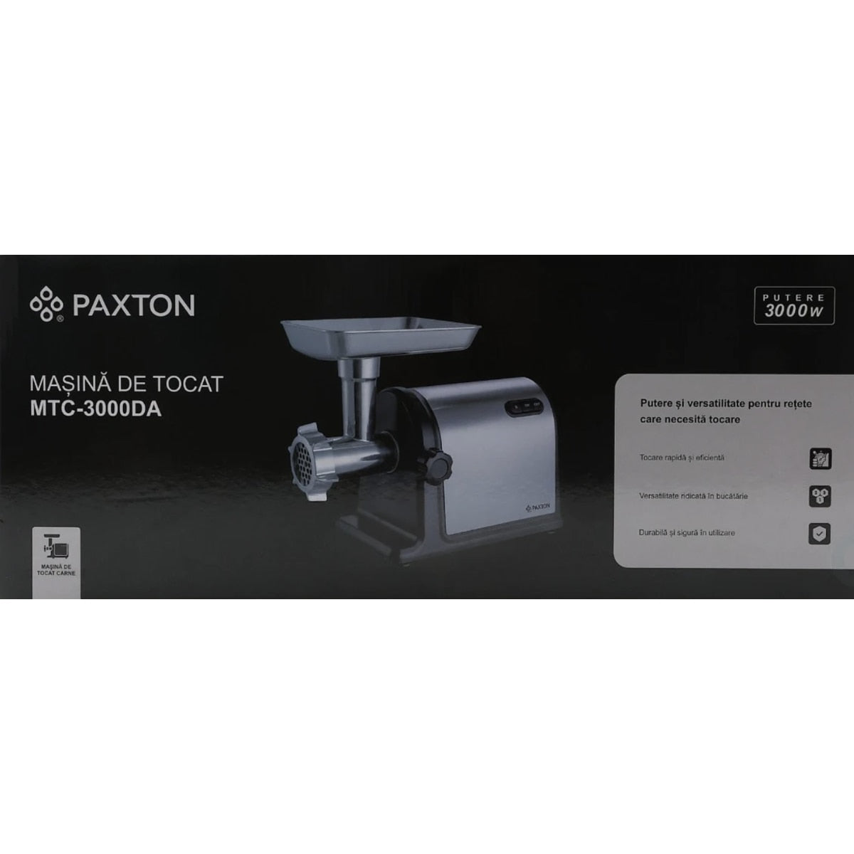 Masina de tocat carne electrica, Paxton, 1 viteza, functie Reverse, 2.8 kg/min, 3000 W, argintiu si negru, accesoriu carnati, accesoriu kibbe, accesoriu suc rosii, accesoriu piscoturi, 5.2 kg, 0.8 m