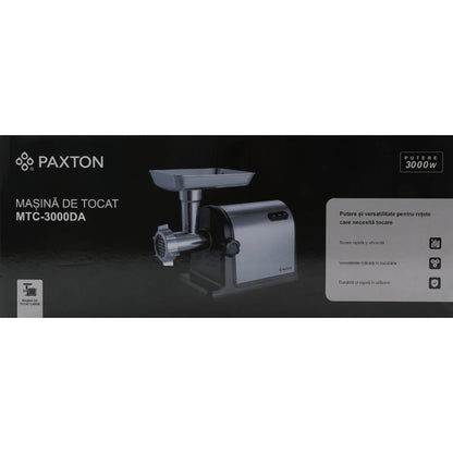 Masina de tocat carne electrica, Paxton, 1 viteza, functie Reverse, 2.8 kg/min, 3000 W, argintiu si negru, accesoriu carnati, accesoriu kibbe, accesoriu suc rosii, accesoriu piscoturi, 5.2 kg, 0.8 m