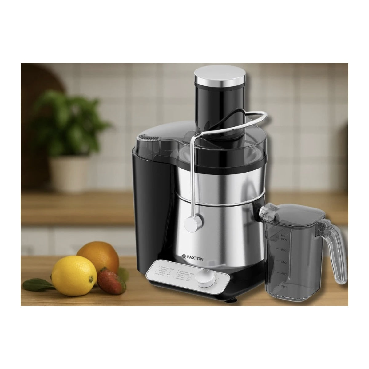 Storcator de fructe si legume, Paxton, 1000 W, 3 viteze, recipient pulpa 2 litri, recipient suc 1 litru, argintiu cu negru, otex inoxidabil, Element fixare capac, perie inclusa, 1 m, 230 V, 3.6 kg