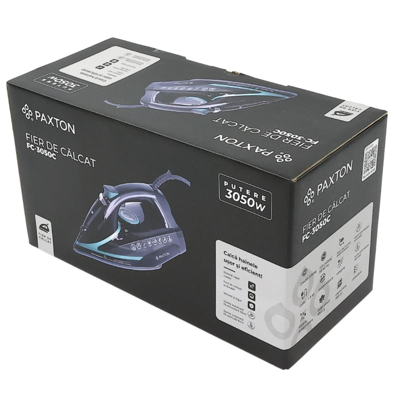 Fier de calcat, Paxton, 3050 W, talpa ceramica, 0.35 litri, 45 g/min, anti-picurare, anti-calcar, auto-curatare, Termostat reglabil, oprire automata, negru + turcoaz, cablu 1.9 m, 1.4 kg