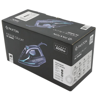 Fier de calcat, Paxton, 3050 W, talpa ceramica, 0.35 litri, 45 g/min, anti-picurare, anti-calcar, auto-curatare, Termostat reglabil, oprire automata, negru + turcoaz, cablu 1.9 m, 1.4 kg