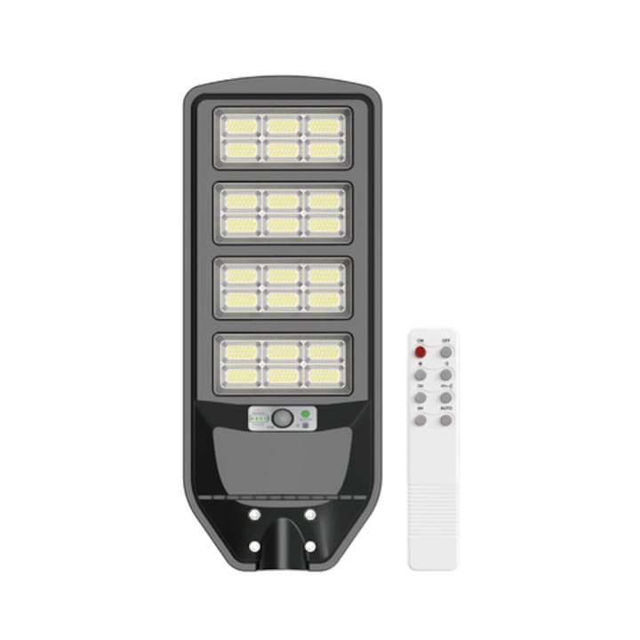 Corp de iluminat solar stradal LED Hoff, 15 W, 2800 lm, lumina rece, negru, cu senzor PIR si telecomanda, 622x251x47mm, autonomie 25.000 ore, 14 ore functionare continua