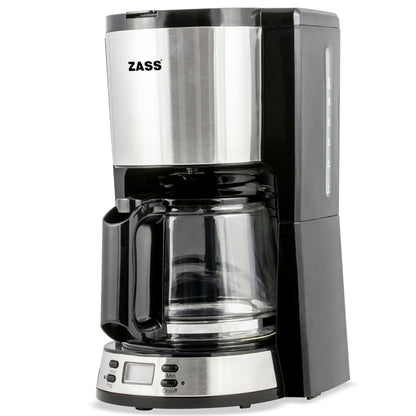 Cafetiera Zass, 1000 W, 1500 ml, capacitate 12 cesti, functie antipicurare, functie de mentinere la cald, oprire automata, programare intarziata, negru + argintiu, cablu 0.8 m, 2.57 kg, 230 V