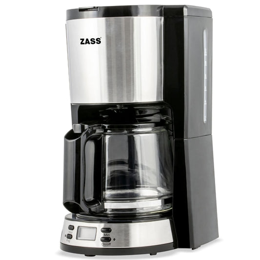 Cafetiera Zass, 1000 W, 1500 ml, capacitate 12 cesti, functie antipicurare, functie de mentinere la cald, oprire automata, programare intarziata, negru + argintiu, cablu 0.8 m, 2.57 kg, 230 V