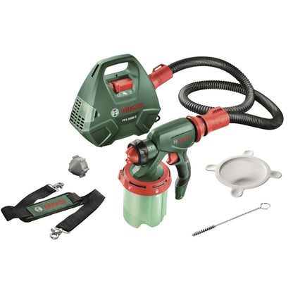 Pistol de vopsit electric, Bosch, 650 W, pulverizare simpla a tuturor tipurilor de vopsea, pentru pereti, lacuri sau lazuri, 300 ml / min, 2.8 kg, 230 V, reumplere rapida, curea de umar, filtru