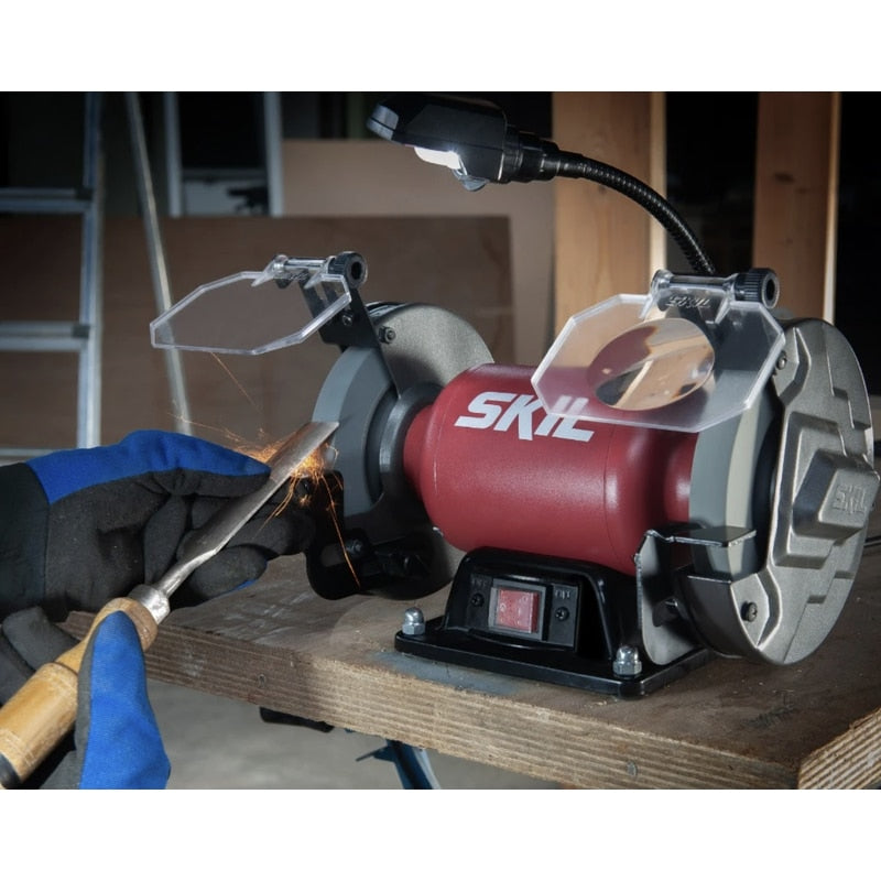 Polizor de banc, Skil, 400 W, 3580 rpm, 230 V, 90.5 dB, 8.6 kg, 3580 rpm, profesional, include 2 discuri slefuit mari de 150 mm, cu picioare de cauciuc, stabila, protectie ochi, comutator ON OFF