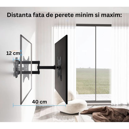 Suport de perete cu brat mobil televizor 14 – 55 inch, maxim VESA 400 x 400, unghi rotitre lateral +-90, TV sau monitor in living, dormitor, birou sau bucatarie, pentru majoritatea modelelor, NETERRA