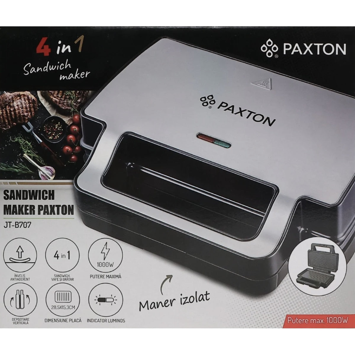 Sandwich maker, Paxton, 1000W, 4 in 1, grill, gofre, sandwich, indicatoare luminoase, carlig de inchidere, depozitare verticala, dimensiune placi de lucru, argintiu negru, antiaderent, 28.5 x 15.3 cm