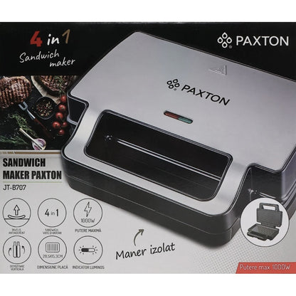 Sandwich maker, Paxton, 1000W, 4 in 1, grill, gofre, sandwich, indicatoare luminoase, carlig de inchidere, depozitare verticala, dimensiune placi de lucru, argintiu negru, antiaderent, 28.5 x 15.3 cm