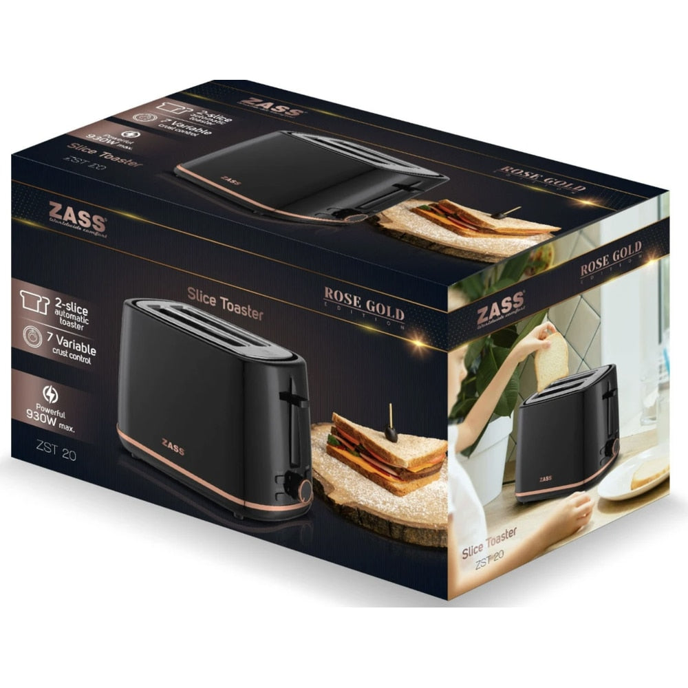 Prajitor de paine Zass, 930W, 2 felii, 7 trepte, functie ridicare felii, dezghetare, reincalzire, anulare, tava firimituri, protectie supraincalzire, antialunecare, negru cu auriu, 1kg, 0.6m
