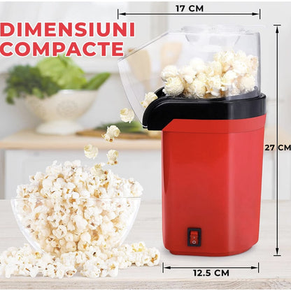 Aparat cu Aer Cald de facut Popcorn NETERRA, Gata in max. 3 min, prepararea rapida si sanatoasa, 1200W, Recipient dozator Boabe detasabil, cupa pus boabe, fara ulei, portabil, usor de depozitat, Rosu