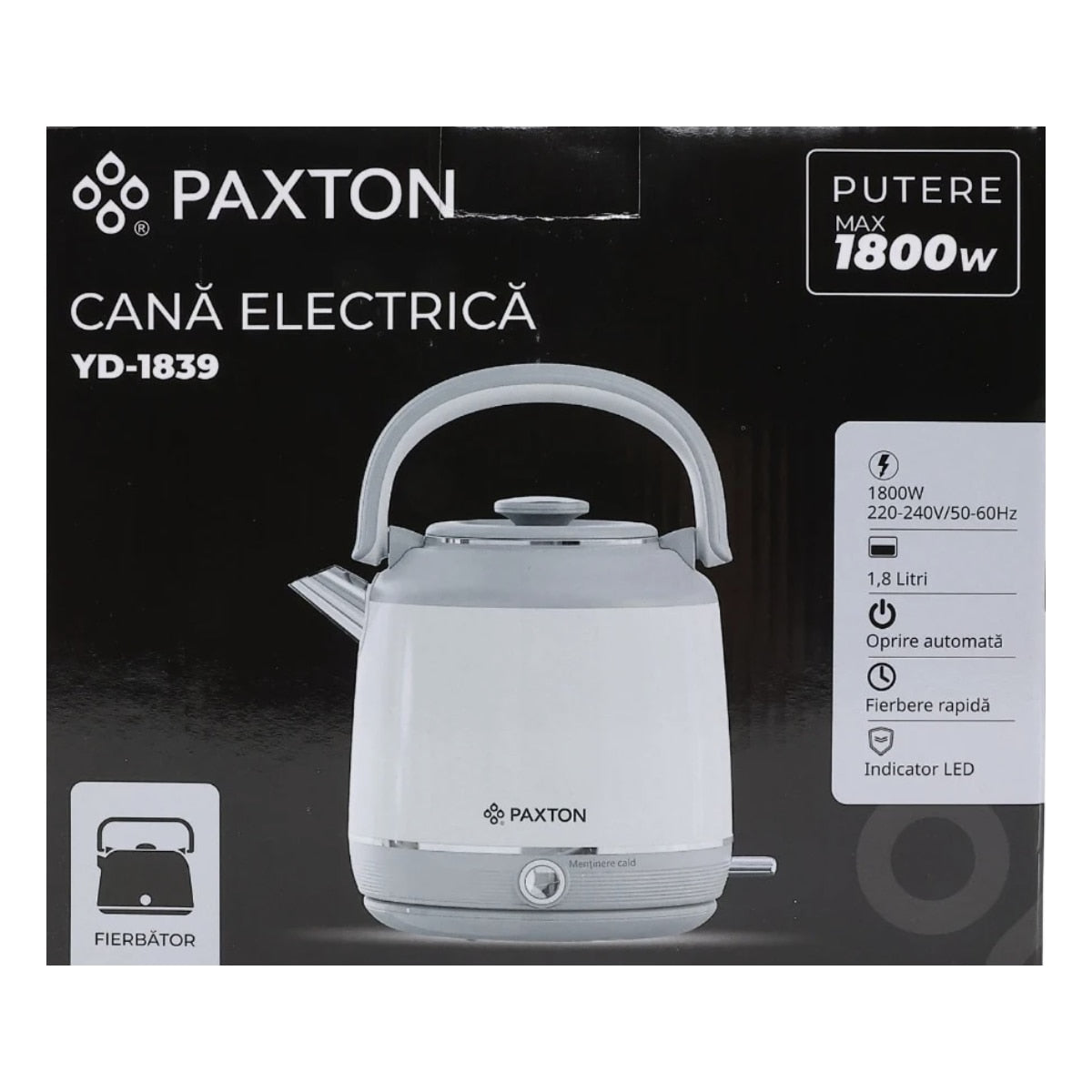 Fierbator apa electric, Paxton, 1800 W, 1.8 litri, baza rotativa de 360 grade, oprire automata, mentinere cald, maner ergonomic, marcaj nivel apa, indicator LED, alb gri, 1.2 kg, 25x19x29 cm, 230V