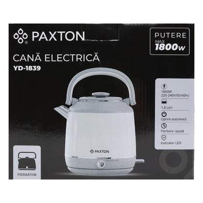 Fierbator apa electric, Paxton, 1800 W, 1.8 litri, baza rotativa de 360 grade, oprire automata, mentinere cald, maner ergonomic, marcaj nivel apa, indicator LED, alb gri, 1.2 kg, 25x19x29 cm, 230V