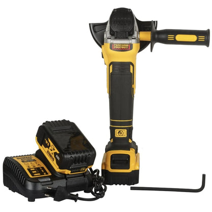 Set scule cu acumulator, DeWalt, masina de gaurit si insurubat 70Nm, mandarina rapida, 460W, 2000 rpm, cu polizor unghiular 9000 rpm, disc 125 mm, M14, cu 2 acumulatori, 18 V, 5 Ah, cu valiza