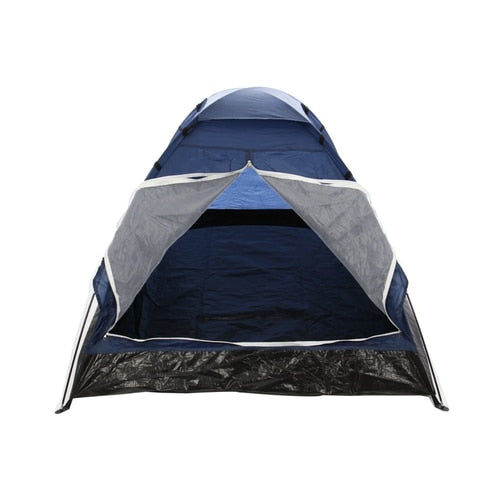 Cort camping 2 persoane, poliester, 200 x 140 x 100 cm, iesiri in weekend, albastru si alb, 1.3 kg